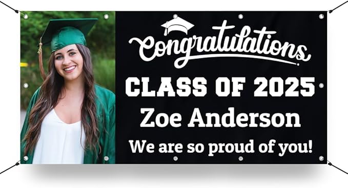 Personalized Graduation Photo Vinyl Banner Sign - Class of 2025 Custom Photo and Name - Milweb1 - Black - 2'x4'