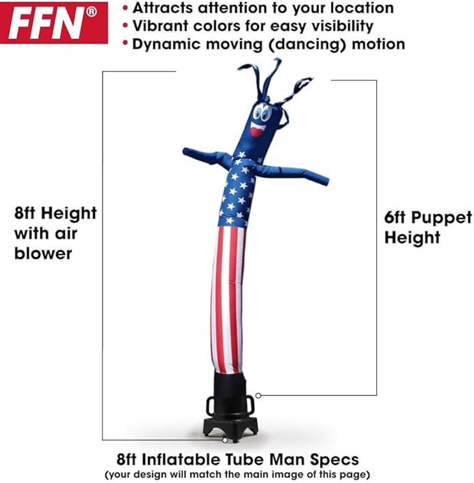 American Flag USA 6' Foot Tall Inflatable Tube Man Air Powered Waving Puppet, Air Blower Motor Included Dancer by Feather Flag Nation (American, 6 FT)