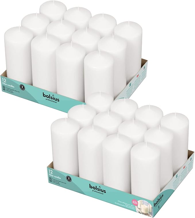 BOLSIUS White Pillar Candles - 2.7x6.7 Inches - 2 Packs = Total 24 Candles - 62+ Hours - Premium European Quality - Consistent Smokeless Flame - Unscented Dripless Pillars