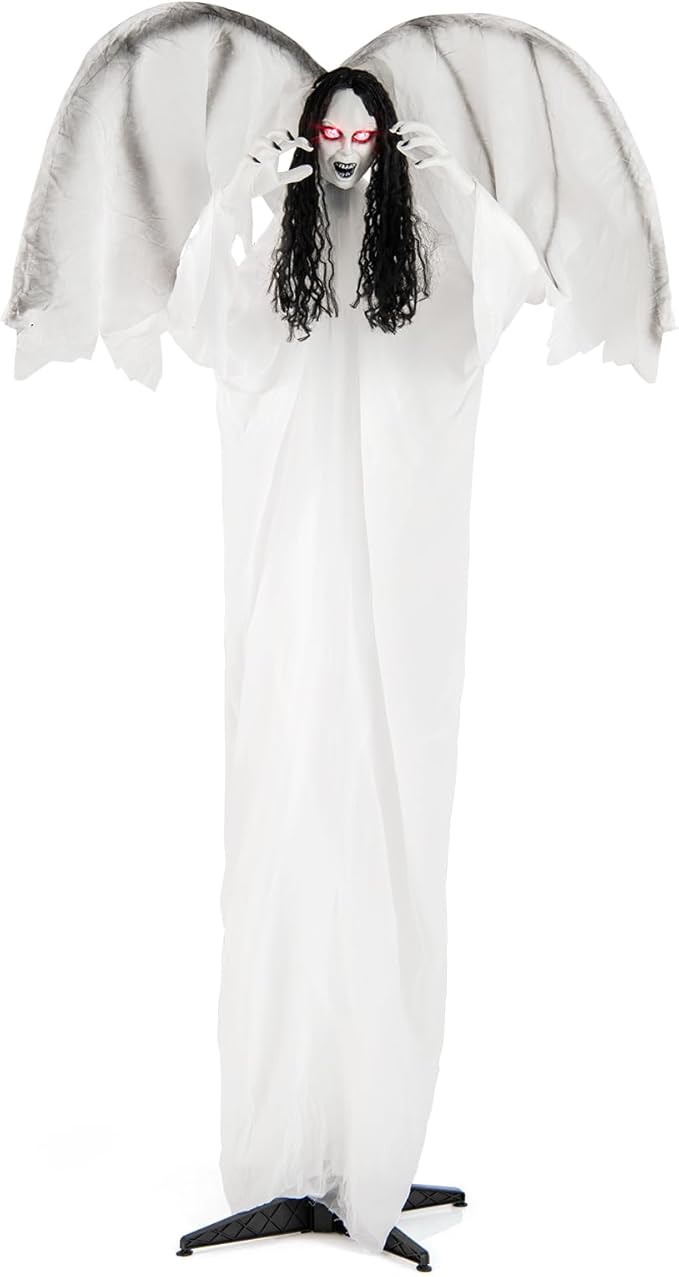 BECOMFORT 6.6 FT Halloween Animatronics, Sound-Activated Standing Angel with Flapping Wings, Glowing Eyes, Creepy Sounds & Posable Arms, Animated Halloween Props Decoration for Indoor & Outdoor