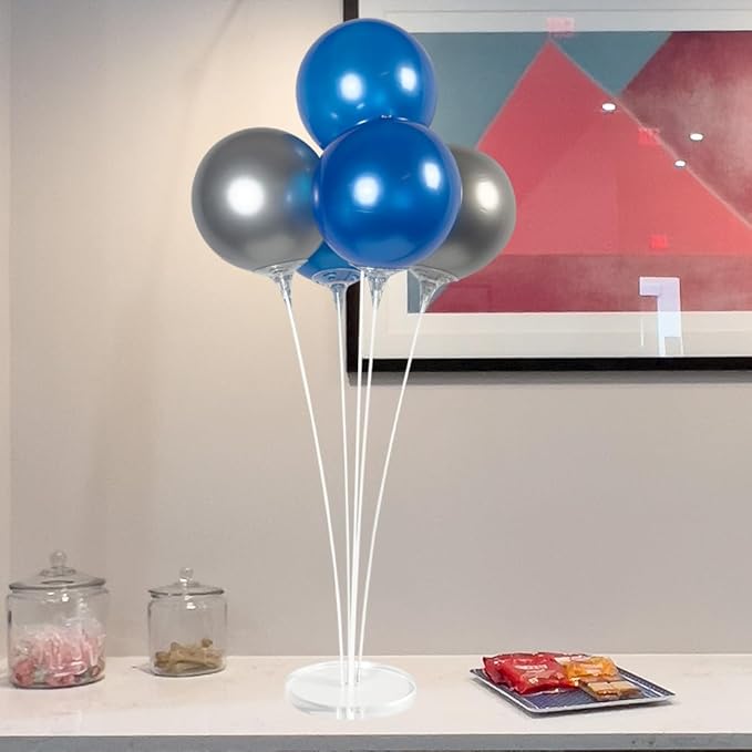 Reusable Balloon Tabletop Kit - Helium-Free Vinyl Bouquets - Lasting Inflation - Includes 5 Balloons, Stems & Acrylic Base, for Business, Schools & Events (Blue and Silver)