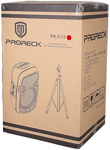 PRORECK PR-C15 Portable 15-inch 600 Watt 2-Way Powered Dj/PA Speaker with Bluetooth/USB/SD Card Reader/FM Radio/Remote Control/LED Light/Speaker Stand, Black