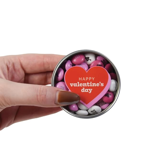 M&M'S WORLD Valentine's Day Favor Tins Set of 24 with Pre-Designed Pink and White Candies for Valentine's Parties and Gifts