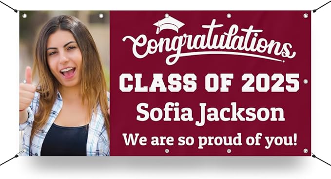 Personalized Graduation Photo Vinyl Banner Sign - Class of 2025 Custom Photo and Name - Milweb1 - Maroon - 5'x10'