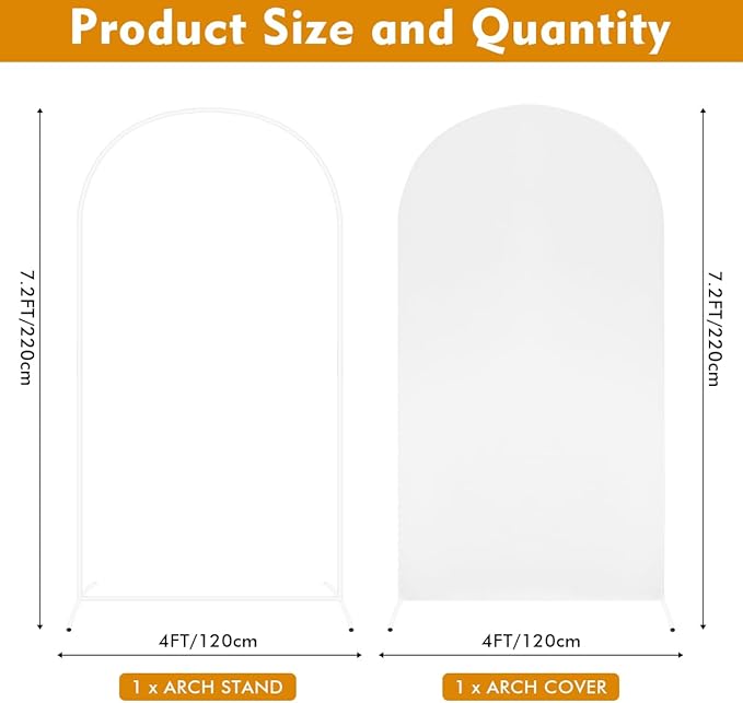 Wedding arch and cover 7.2ft White Arch Cover, Balloon Arched Frame Cover Set White Spandex Fitted with Round Top Chiara Backdrop Stand, for Birthday Party Wedding Ceremony Baby Shower