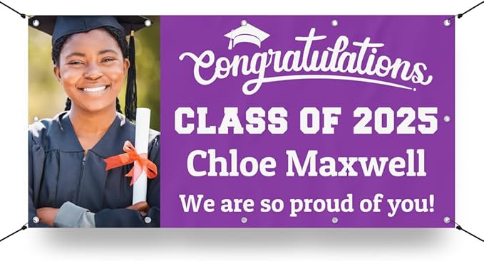 Personalized Graduation Photo Vinyl Banner Sign - Class of 2025 Custom Photo and Name - Milweb1 - Purple - 3'x6'
