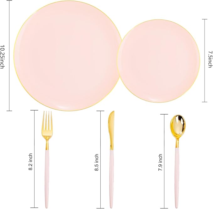 Liacere 150PCS Plastic Plates-Gold Plastic Silverware with Pink Handle - Pink Disposable Plates Include 30 Guests Plates, Forks, Spoons, Knives for Wedding&Easter Day&Galentines day&Valentine's Day