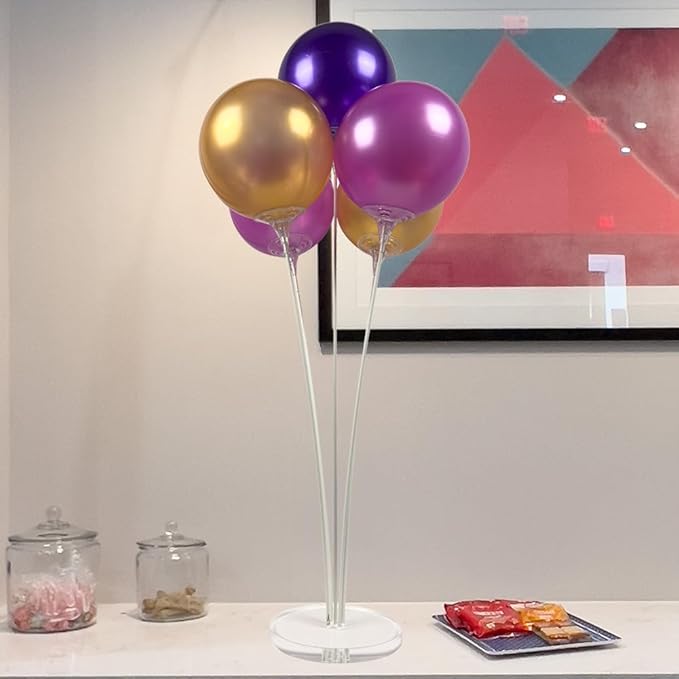 Reusable Balloon Tabletop Kit - Helium-Free Vinyl Bouquets - Lasting Inflation - Includes 5 Balloons, Stems & Acrylic Base, for Business, Schools & Events (Purple and Gold)