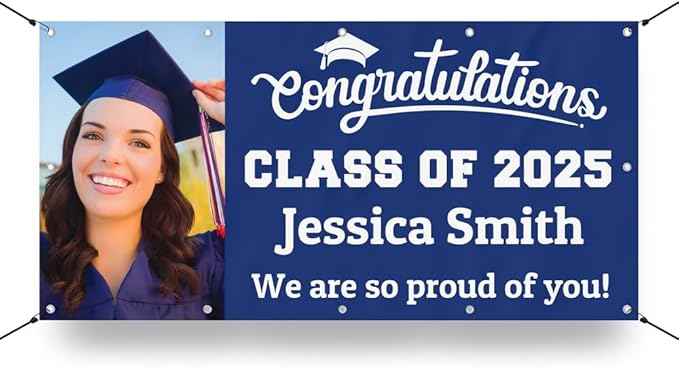 Personalized Graduation Photo Vinyl Banner Sign - Class of 2025 Custom Photo and Name - Milweb1 - Navy Blue - 3'x6'
