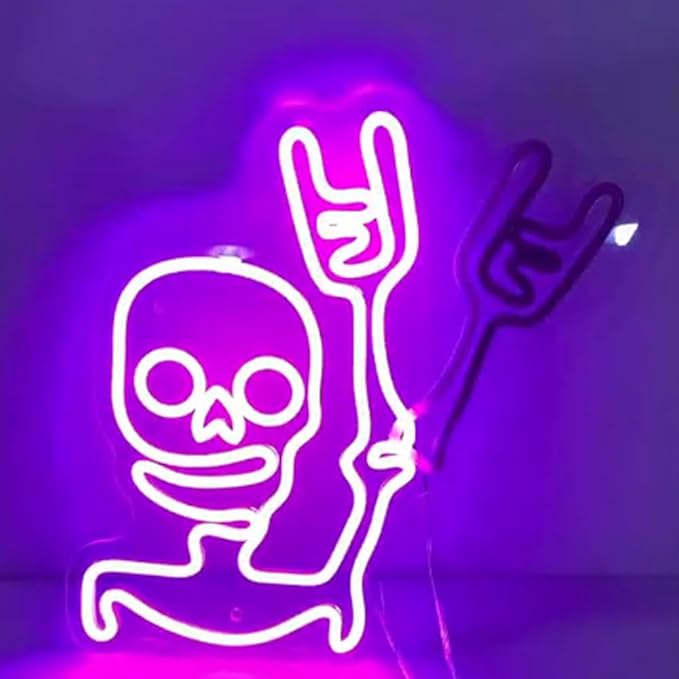 Skeleton Waving Hand Neon Sign, Halloween Skull Door Window Decorations, Funny Skull Waving Light Halloween Party Night Decor Size:W17 x H18in