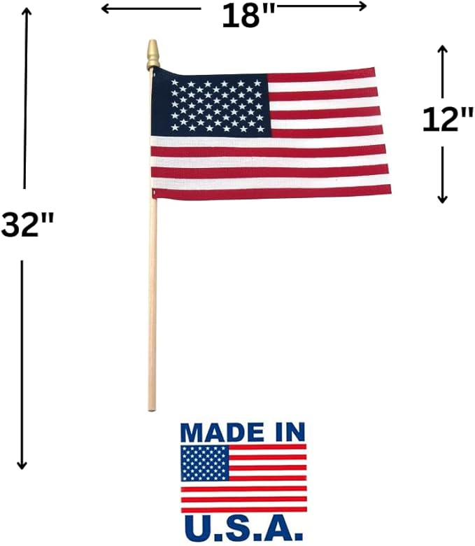 Handheld Spearhead American Flags - 12 x 18 inch. Handheld Stick Flags with SpearTop Great for Patriotic Decorations or Celebrations. Made in the USA (Qty-12)
