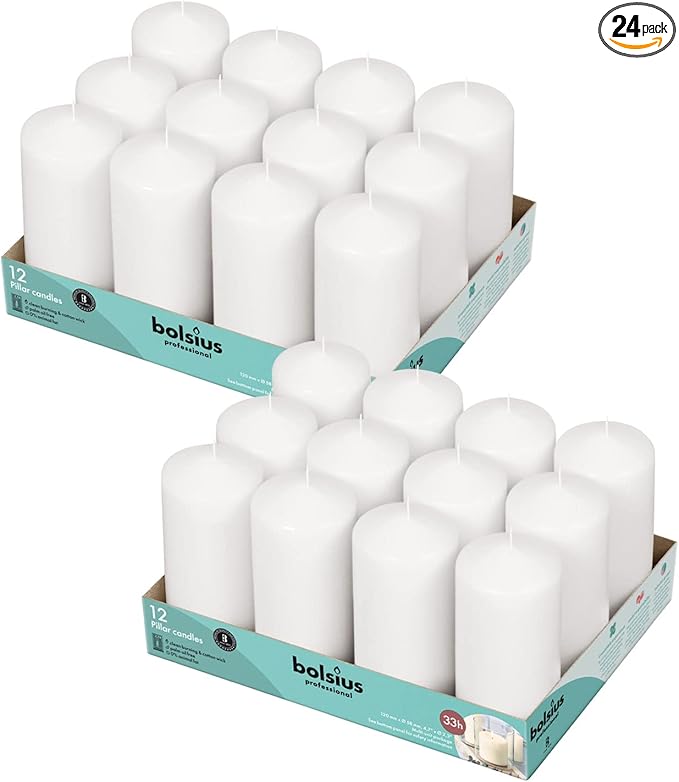 BOLSIUS White Pillar Candles - 2.3 x 4.7 Inches - 2 Packs = Total 24 Candles - 33+ Hours - Premium European Quality - Consistent Smokeless Flame - Unscented Dripless Pillars