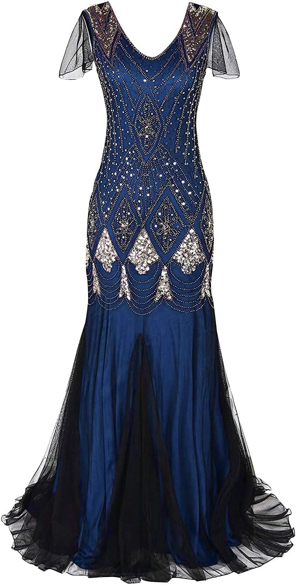 Women Vintage 1920s Gatsby Flapper Evening Party Dress V Neck Art Deco Sequins Mermaid Hem Cocktail Formal Long Maxi Gown
