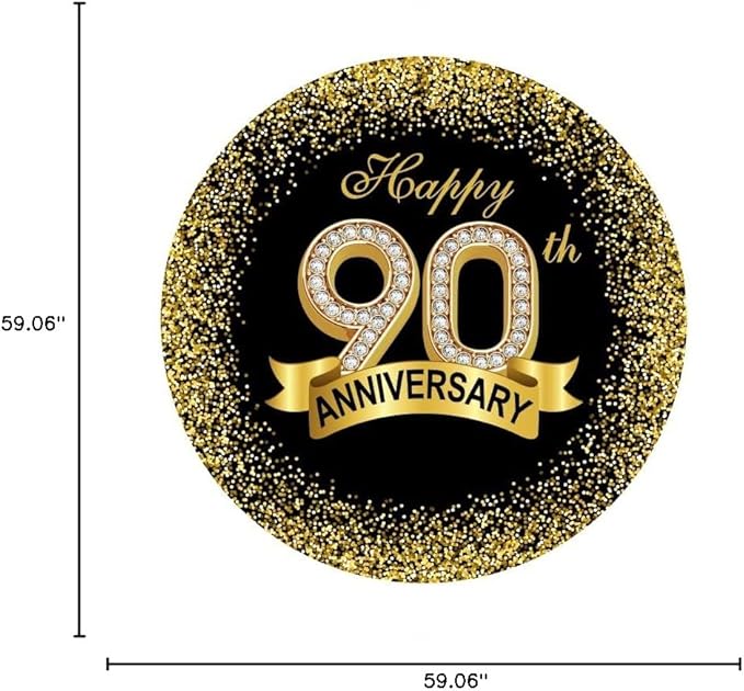 5x5ft Happy 90th Anniversary Round Backdrop Cover Black Gold Happy 90th Years Wedding Anniversary Party Background Luxurious Sequins Sparkle Dots Diamond Ribbon Circle Backdrop Arch Decor