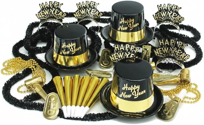 PMU New Year's Eve Party Supplies New Year's Eve Decorations Supplies, 2026 Gold Legend Illusion Party Kit Assortment for 10 Persons - Outfits for Adults, Men and Women (10/psn) Pkg/1