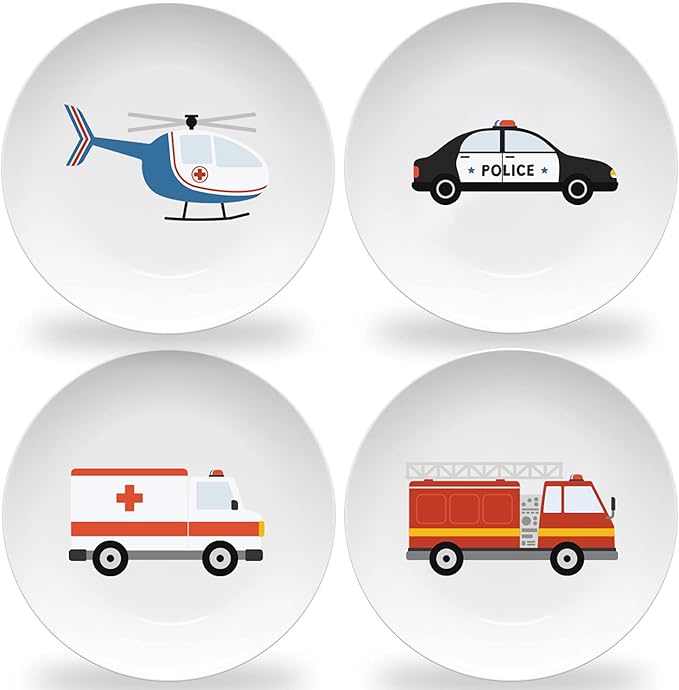 Tiny Expressions Emergency Vehicles Plates – 10" Set of 4 Reusable Melamine Plates with Fire Truck, Police Car, Ambulance & Rescue Helicopter – For Everyday Use, Table Decor, Birthdays & Party Favors