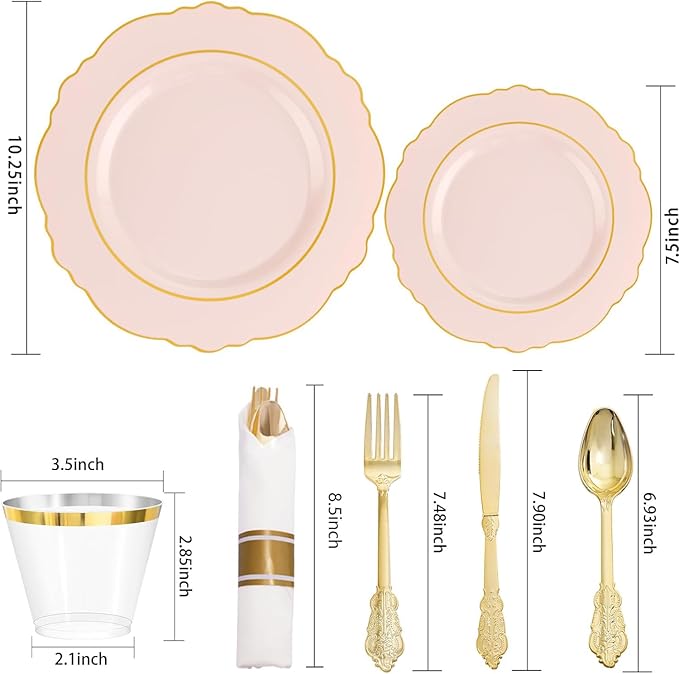 Liacere 350PCS Pink Plates Disposable-PinK Plates 50guest Baroque Plastic Dinnerware include 100Plates, 50Pack Pre Rolled Napkins with Silverware 50Cups Perfect for Valentine's Day&Galentines Day