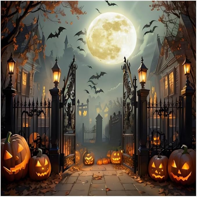 Leowefowa 12x12ft Halloween Backdrop Scary Full Moon Night Pumpkin Lantern Background Horror Bat Dead Tree Fall Leave Halloween Eve Party Banner Decor Photography Supplies Prop