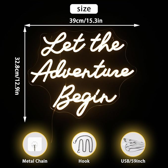 NOSUN Let The Adventure Begin Neon Sign Warm White Neon Signs for Wall Decor Dimmable Let's Party Led Sign Funny Neon Lights for Bedroom Home Club Bar Wedding Engagement Birthday Party Decor