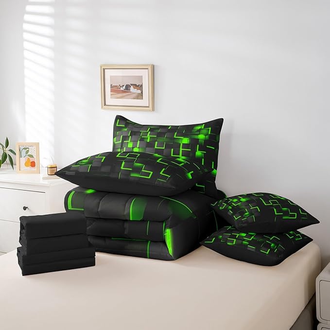 Feelyou Green and Black Bedding Set King Size Light Geometric Comforter Set with Sheets 7 Piece for Kids Boys Decor Bed in a Bag Modern Style Bed Set