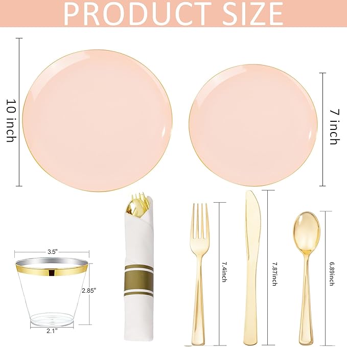 KIRE 175PCS Pink Plates Disposable - Heavy Duty Pink and Gold Plastic Plates Dinnerware Sets - 25 for Dinner 25 for Dessert 25 Pre Rolled Napkins 25Cups for Party/Wedding/Valentine's Day/Baby Shower