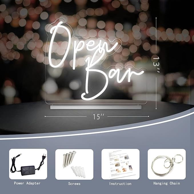 Open Bar Neon Sign Tabletop, Handmade White Wedding LED Neon Light with Stand for Wedding Reception, Engagement Anniversary Event Party Baby Bridal Shower Champagne Home Bar Table Sign - 15''