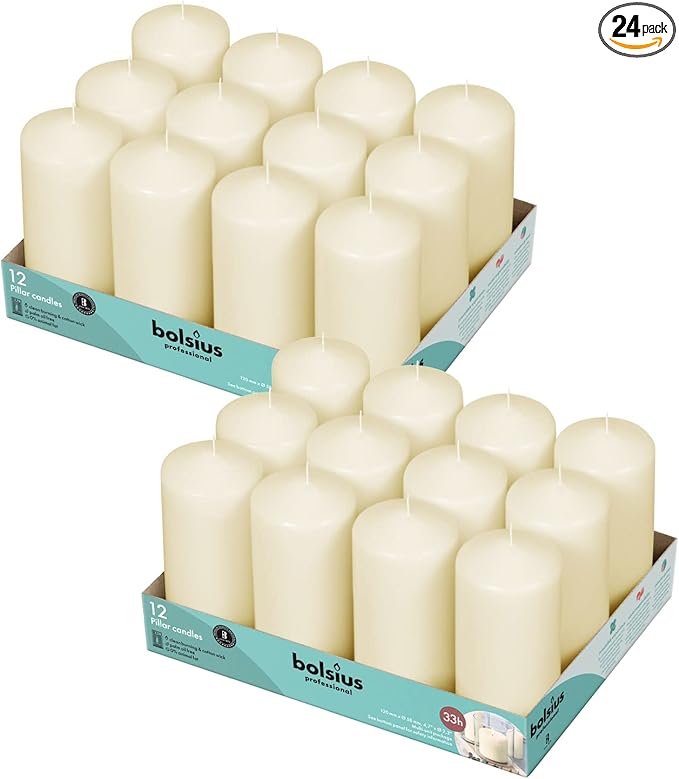 BOLSIUS Ivory Pillar Candles - 2.3 x 4.7 Inches - 2 Packs = Total 24 Candles - 33+ Hours - Premium European Quality - Consistent Smokeless Flame - Unscented Dripless Eco-Friendly Pillars