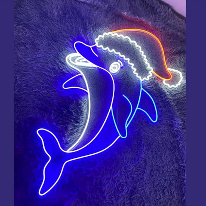 Dolphin Christmas Neon Sign, Dolphin Santa Claus Led Sign, Xmas Holiday Decoration, Merry Christmas Party LED Wall Sign Size:23inches