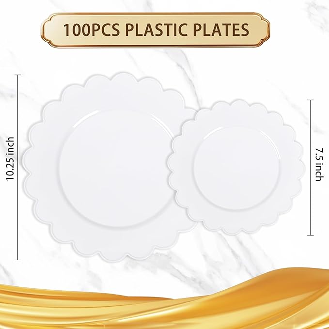 supernal 100pcs White Plastic Plates Disposable for Wedding,Plastic Plates For Party Includes 50pcs Dinner and Dessert Plate.Scalloped Plastic Platefor Valentine's Day Mother's Day and Easter