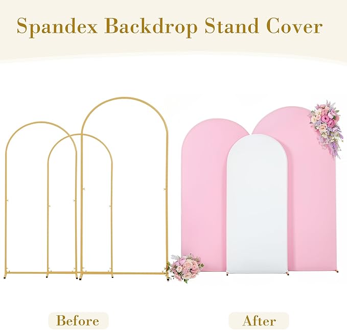 White and Pink Arch Cover 3 Set-7.2FT, 6.6FT, 6FT Arch Backdrop Cover Spandex Fitted 2-Color Fabric Stand Covers for Baby Shower Gilrs Birthday Party Ceremony Banquet Photo Background Decorations