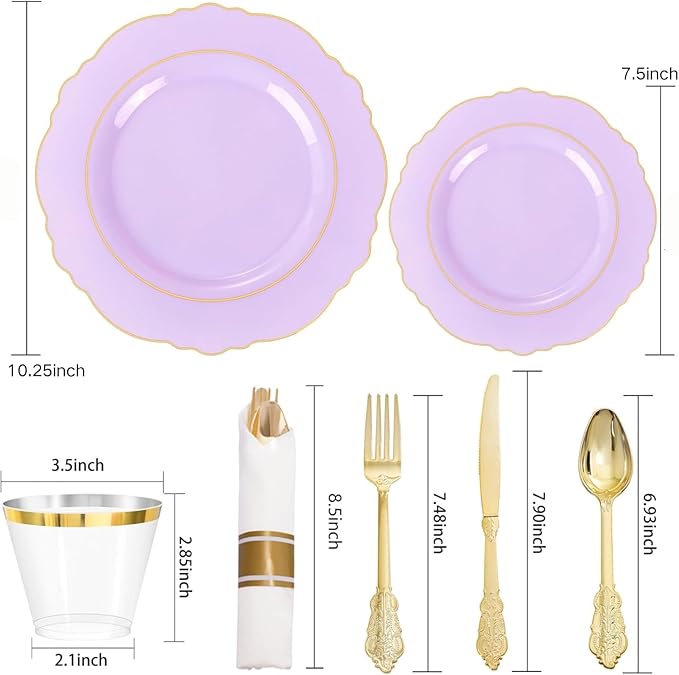 Liacere 350PCS Purple Plastic Plates - Disposable Light Purple and Gold Plates 50guest Baroque Plastic Dinnerware include 100Plates,50Pack Pre Rolled Napkins with Silverware 50Cups for Valentine’s Day