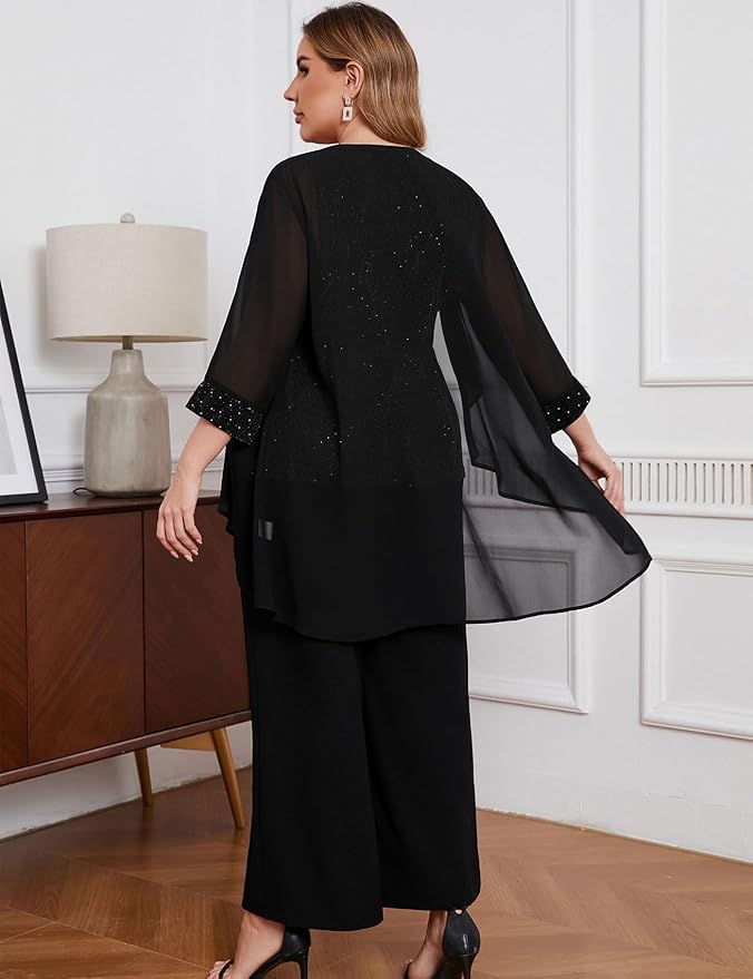 ZOMVA Plus Size 3 Piece Formal Pantsuit Sparkly Chiffon Jacket Set Dressy Outfit Mother of The Bride Groom Wedding Cocktail