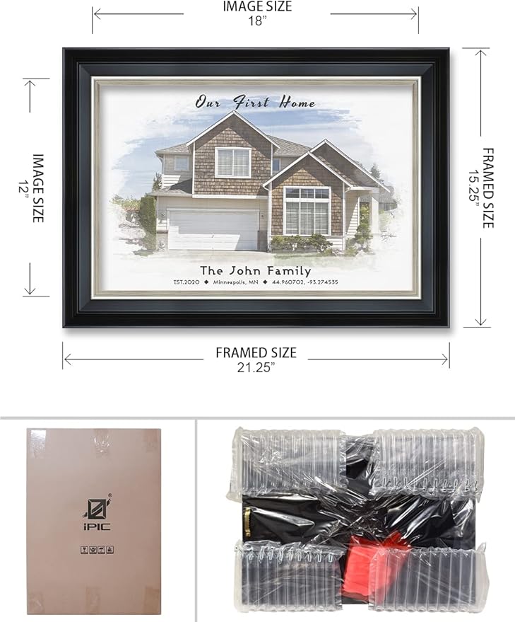 IPIC - Custom Watercolor House Portrait. Personalized Framed Artwork Housewarming Gift Customized Giclee Prints, Custom Giclee Print Includes Names and the Special Date. Framed size: 21.25 x 15.25