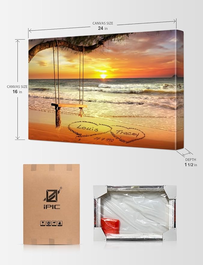 IPIC - "Eternal Love Personalized Canvas Wall Art, Custom Beach Sunset Scene with Names and Date in Sand, A Personalized Gift for Couple, Wedding, or Anniversary, Coastal Home Decor