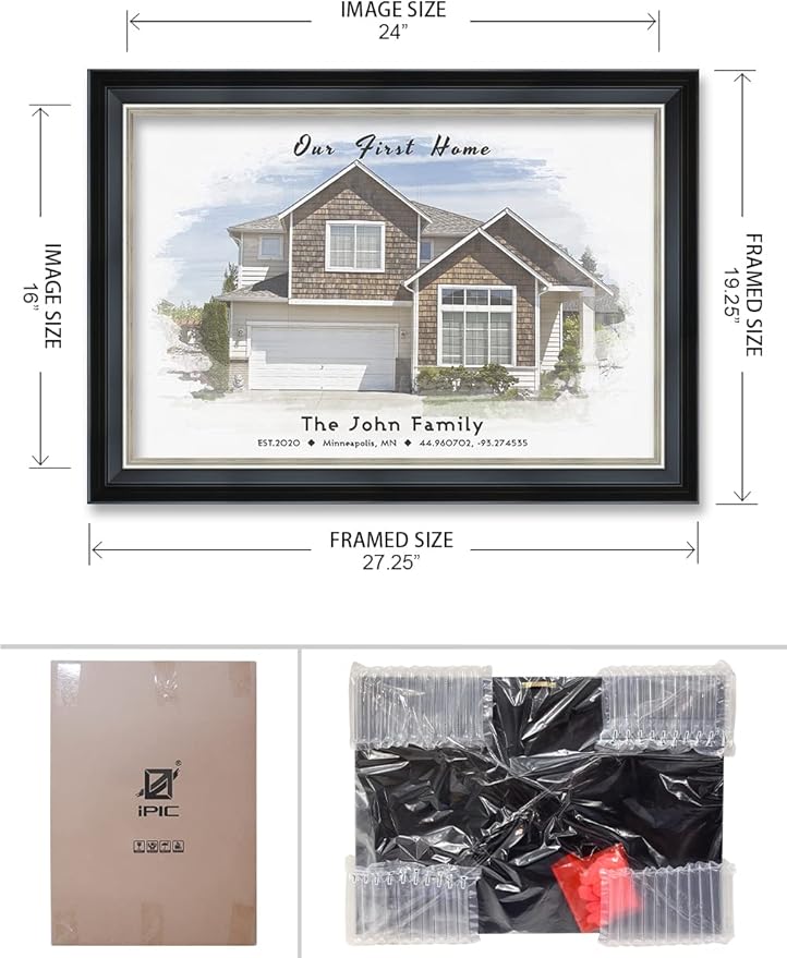 IPIC - Custom Watercolor House Portrait. Personalized Framed Artwork Housewarming Gift Customized Giclee Prints, Custom Giclee Print Includes Names and the Special Date. Framed size: 27.25 x 19.25
