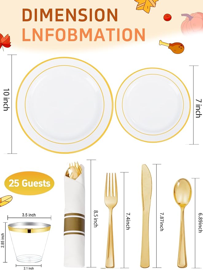 175PCS White and Gold Plastic Plates - Christmas Plates with Rolled Napkins for Party - 25Guest Disposable Dinnerware Sets for Party/Wedding/Valentine's Day