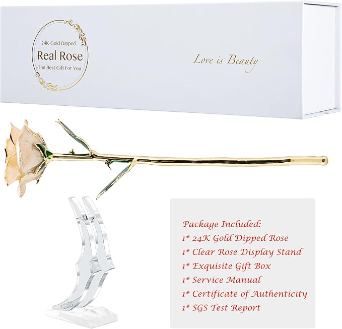24K Gold Dipped Rose, Gold Dipped Rose Made from Real Rose Best Gifts for her and Great Gifts for My Love, Ivory with Stand