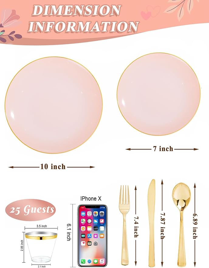 WDF 150Pcs Pink Plates Disposable - Pink and Gold Plastic Plates 25guest Disposable Dinnerware Include 25 Dinner Plate, 25 Dessert Plate, 25 Cutlery & 25 9oz Cups for Wedding, Party, Valentine's Day