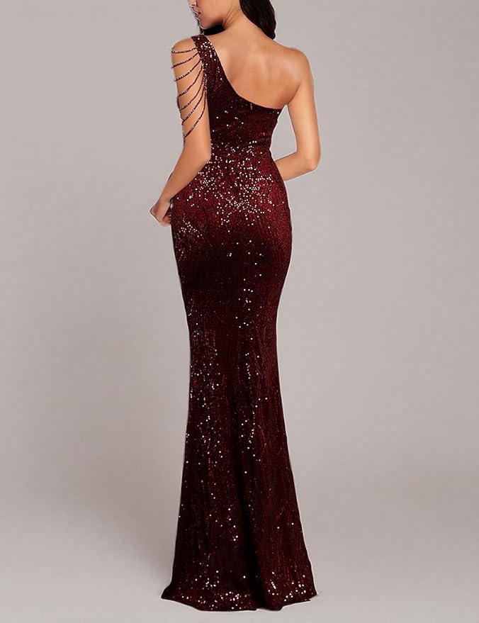 Women One Shoulder 1920s Plus Size Formal Dress Tassels Sleeve Sequins Gatsby Maxi Evening Gown