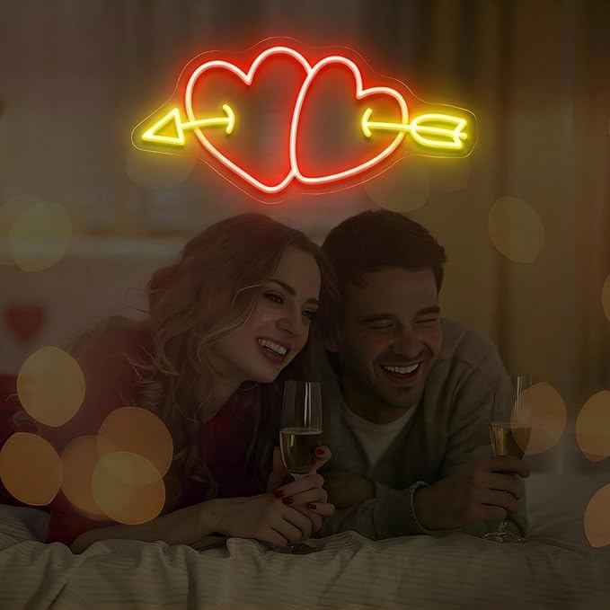 Double Heart Cupid Arrow Neon Sign for Wall Decor, Romantic LED Neon Light for Engagement Party, Wedding & Anniversary Decorations, Symbolic Neon Wall Art for Valentine’s Day Celebration 16.5"x7.9"