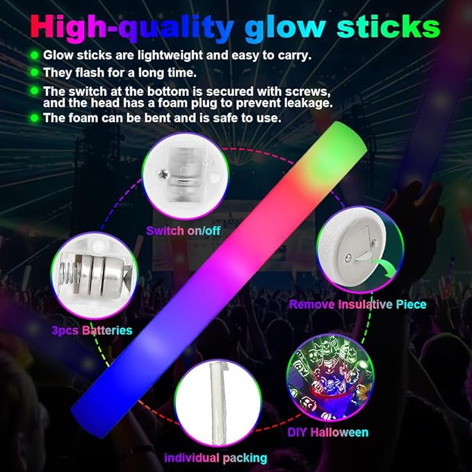 103PCS Light Up Foam Sticks,LED Glow Sticks Bulk Party Pack with 3 Modes Colorful Flashing,Glow in The Dark Party Supplies,Glow Sticks Bulk for Wedding,Halloween,Birthday,July 4th,Concert