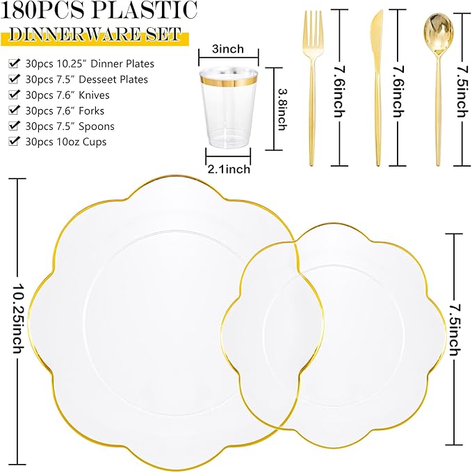 EI 180pcs Clear and Gold Plastic Plates with Plastic Silverware,Dinnerware Plate Set for Party,Disposable Plates Heavy Duty Clear Gold Cups for Wedding,Birthday,Spring Afternoon Tea
