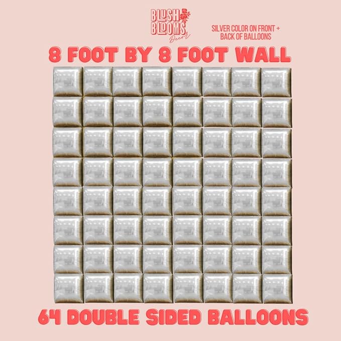 Black and Gold Foil Balloon Wall (64 Pack) | 8 Foot by 8 Foot Balloon Wall | Weddings, Birthdays, Showers, Parties, and Events (Silver and Silver)