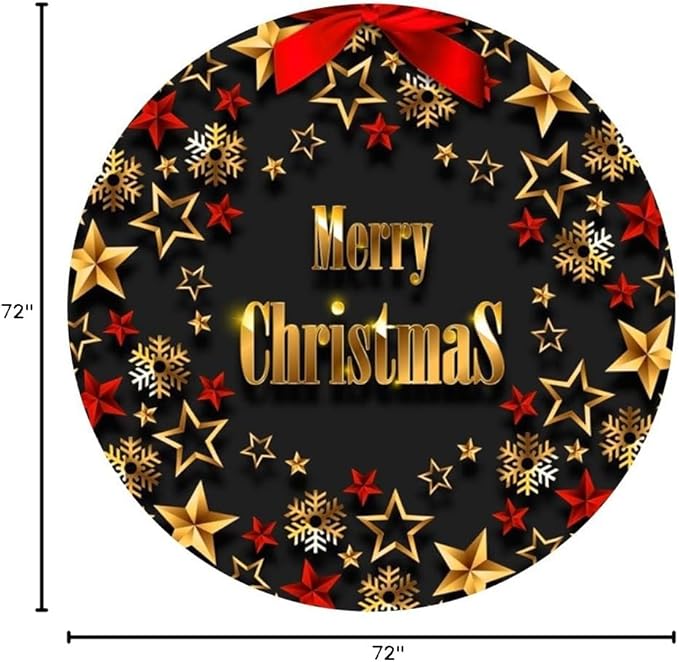 Merry Christmas Round Backdrop Cover 6ft Gold Snowflakes Pentagram Red Bow Tie Happy New Year Circle Photography Background Festival Xmas Eve Winter Party Family Portrait Props Decor