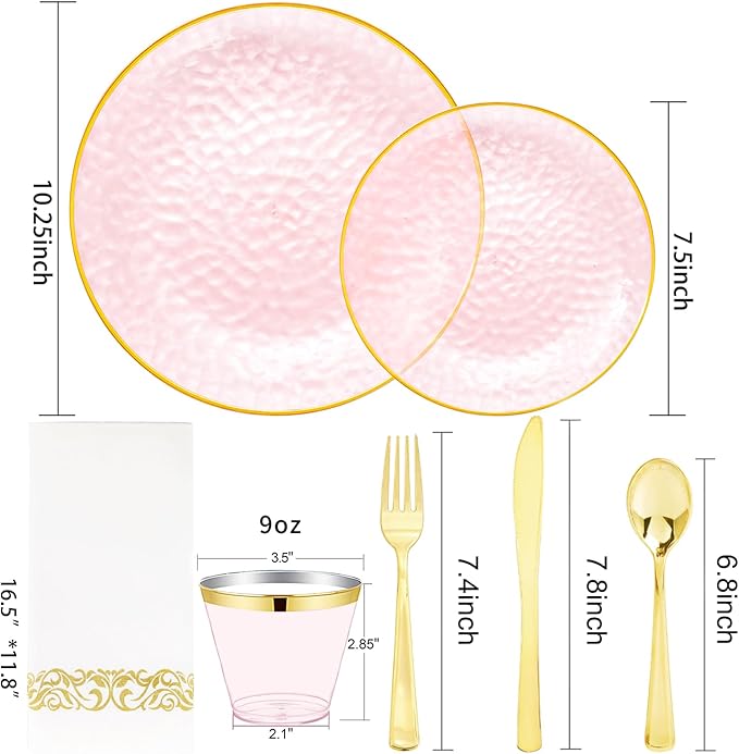 DaYammi 175 Pcs Pink Plastic Plates Dinnerware Set (25 Guests), Pink Disposable Plates, Hammered Party Platos Set Include Dinner Platos, Dessert Plates, Cups, Cutlery for Valentine's Day Party