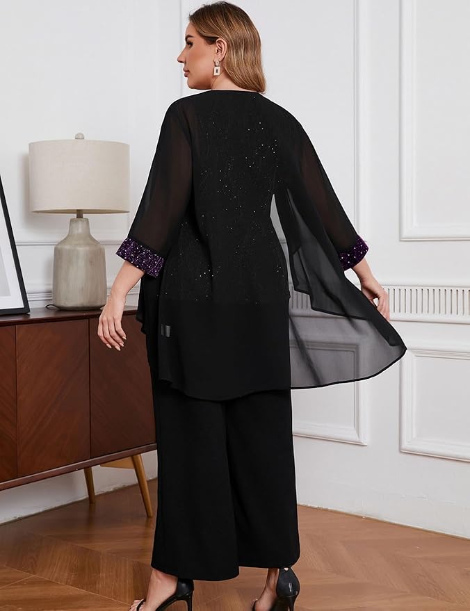 ZOMVA Plus Size 3 Piece Formal Pantsuit Sparkly Chiffon Jacket Set Dressy Outfit Mother of The Bride Groom Wedding Cocktail