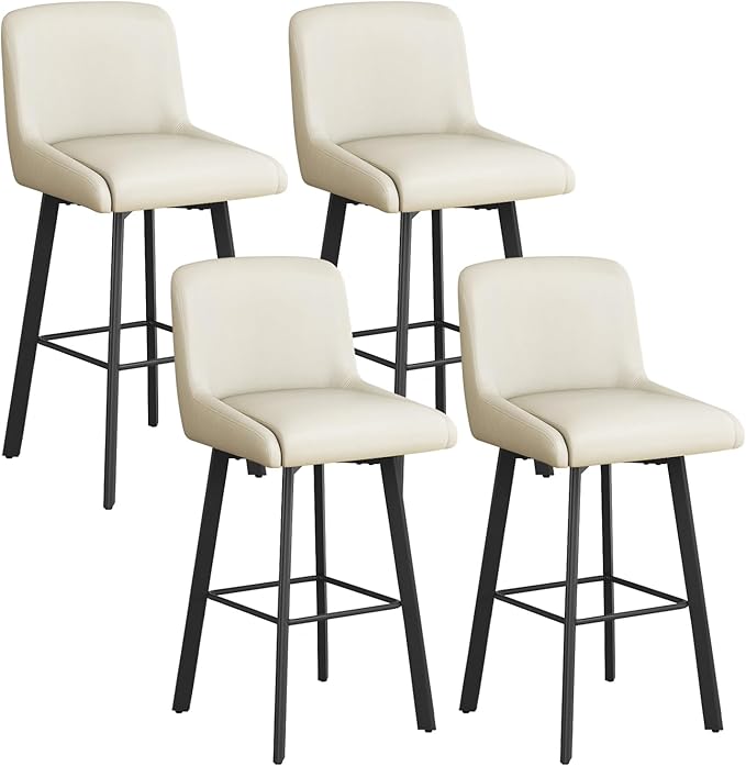 Swivel Bar Stools, 29''H Upholstered Barstools with Backs, Modern Counter Height Bar Stool Chairs for Kitchen Island, Metal Legs (Beige- Faux Leather, Set of 4-29" H)