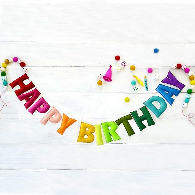 2 PCS Pre-Strung Happy Birthday Banner, Rainbow Party Decorations, HAPPY BIRTHDAY Felt Ball Garland, Personalized Birthday Sign for Birthday Decor, Party Supplies, Photo Prop, Decoración De Cumpleaños