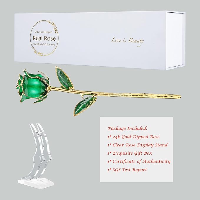 24K Gold Real Rose, Gold Dipped Rose Made from Real Rose Best Gifts for her and Great Gifts for Mom (Green Original Rose with Stand)