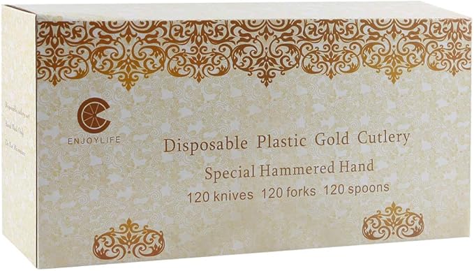 Supernal 360pcs Plastic Gold Silverware,Cutlery,Disposable Utensils,120 Plastic Knives,120 Gold Forks,120 Disposable Spoons,Perfect for Birthday,Party,Wedding